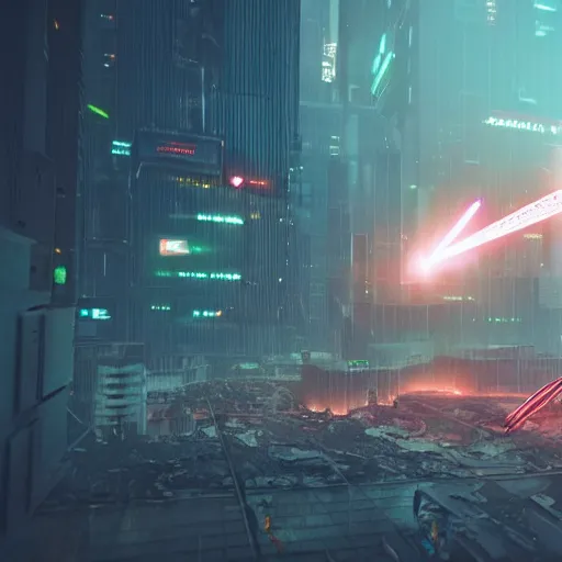 Image similar to a teradactyl shooting lasers from the sky in destroyed city cyberpunk, fantasy, 4 k, octane render