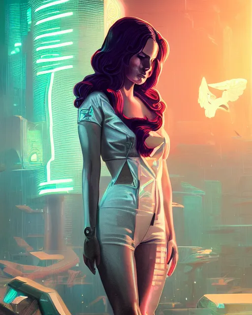 Image similar to portrait of lana del rey as a cyberpunk cyborg. roses, sci - fi, missing panels, intricate abstract, upper body, intricate artwork, by tooth wu, wlop, beeple, dan mumford. concept art, 8 k octane render, deviantart, greg rutkowski, cinematic, key art, hyperrealism, iridescent accents