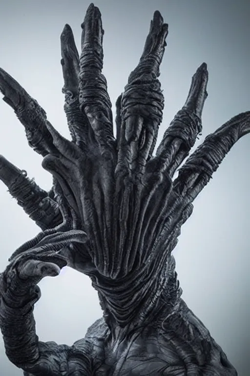 Prompt: giant hand sculpture covered in fog in style of prometheus xenomorph mythology, detailed, beautiful, god rays, unreal