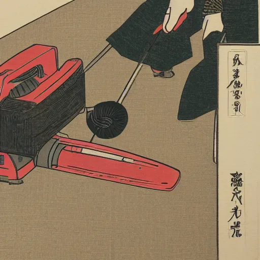 Image similar to japanese woodblock print of a vacuum cleaner