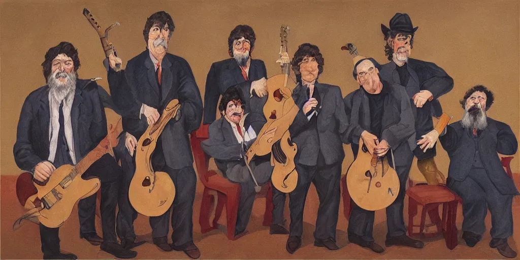 Prompt: painting of The Band (Robbie Robertson, Garth Hudson, Richard Manuel, Rick Danko, Levon Helm), circa Music From Big Pink, by Paula Rego