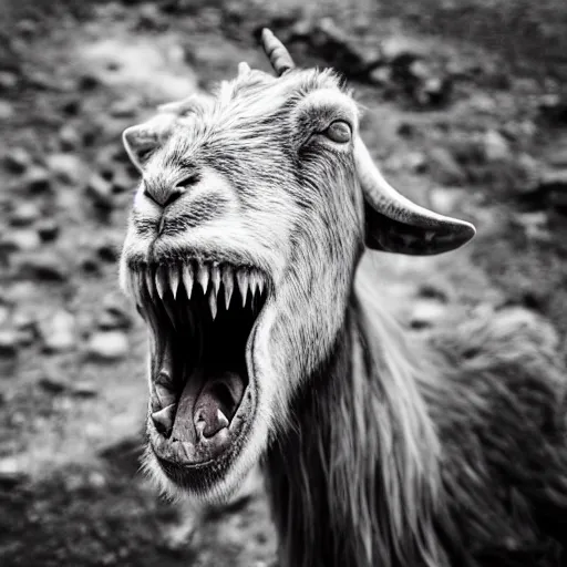 Image similar to horror, highly detailed photography, desaturated, mutated goat with huge mouth open to reveal filthy crocodile - like teeth, matted fur, in muddy medieval village, howling, screeching