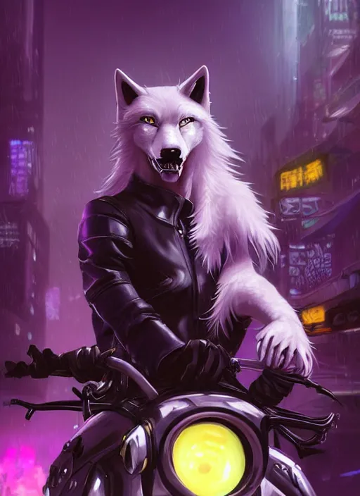 Prompt: award winning beautiful portrait commission of a male furry anthro albino wolf fursona with a tail and a cute beautiful attractive detailed furry face wearing stylish black, purple and yellow cyberpunk biker clothes riding a futuretech motorcycle in a cyberpunk city at night while it rains. Character design by charlie bowater, ross tran, artgerm, and makoto shinkai, detailed, inked, western comic book art