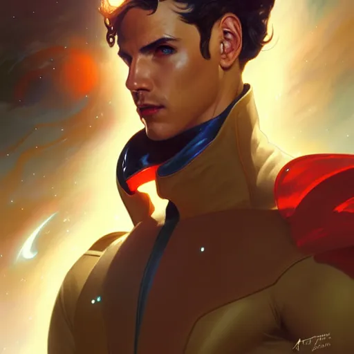 Image similar to a space powered male dressed as a superhero. space background, dynamic lighting, clean elegant painting, beautiful detailed face. by artgerm and greg rutkowski and alphonse mucha, 4 k