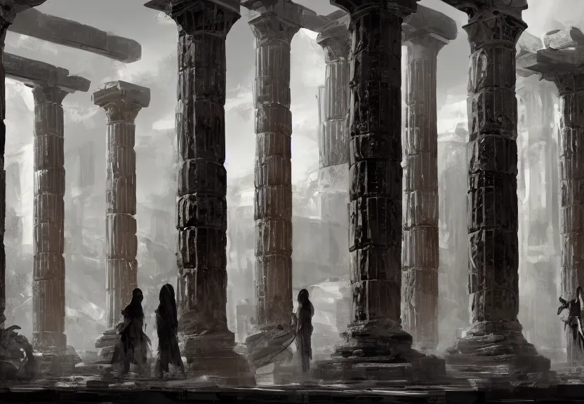 Prompt: painting of the dark figures of four people in an ancient greece scenery, high contrast, concept art, town, temple, pillars, dramatic lighting, digital art, 8 k, extremely detailed, drawn by ruan jia
