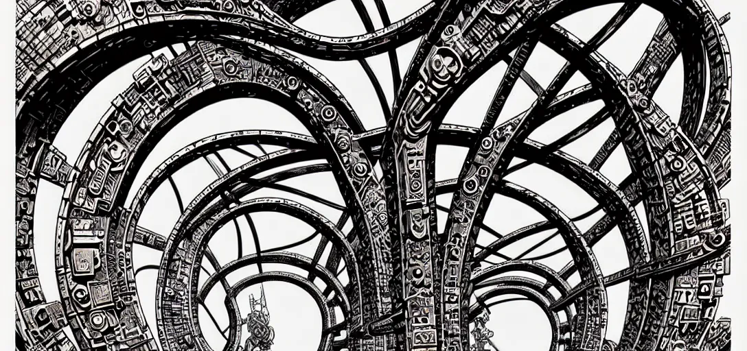 Image similar to a double helix dna cyberpunk steampunk stone carved archway, high details, lineart, by vincent di fate and joe fenton, inking, screen print, masterpiece, trending on artstation, sharp, high contrast, hyper - detailed,, hd, 4 k, 8 k