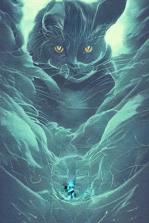 Image similar to demon cat. art by mike winkelmann, vector art, illustration, highly detailed,