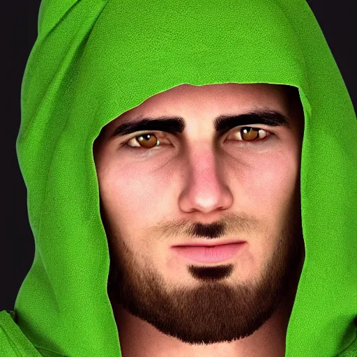 Image similar to portrait of a chad programmer with green hood, photorealistic