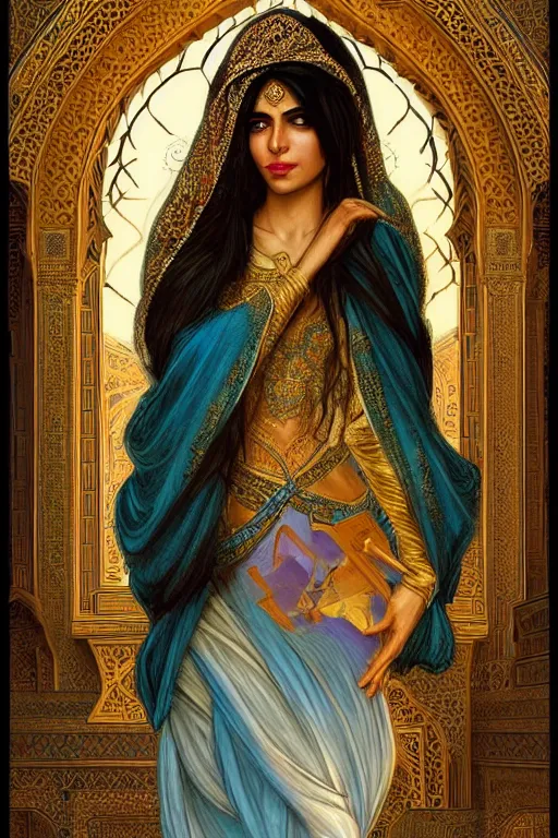 Image similar to Beautiful portrait of an attractive Persian Princess who is an architect, beautiful princess, face painting, architecture, persian style architecture, dramatic lighting, intricate, wild, highly detailed, digital painting, artstation, concept art, smooth, sharp focus, illustration, gold+yellow+white+Turquoise, art by artgerm and greg rutkowski and alphonse mucha, footage from space camera