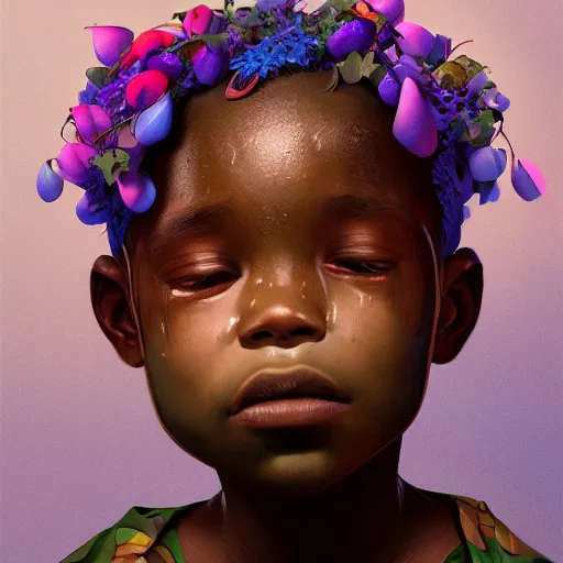 Image similar to colourful vfx art - portrait of crying nigerian boy wrapped in flowers & vines, art by hsiao - ron cheng & james jean, volumetric light, ray tracing, sharp, detailed, digital painting, illustration, highly detailed, intricate detail, unreal engine, octane render, pinterest, behance, art station,