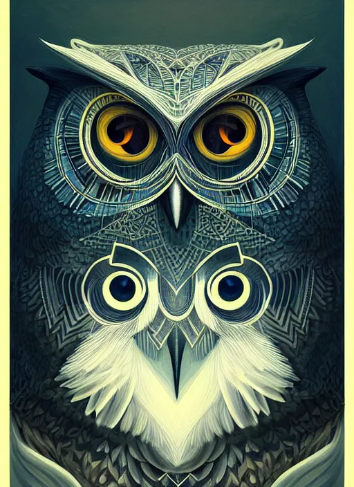 Image similar to portrait of a geometric owl, identical eyes, medium shot, illustration, full body made of white feathers, symmetrical, art stand, super detailed, cinematic lighting, and its detailed and intricate, gorgeous, by peter mohrbacher