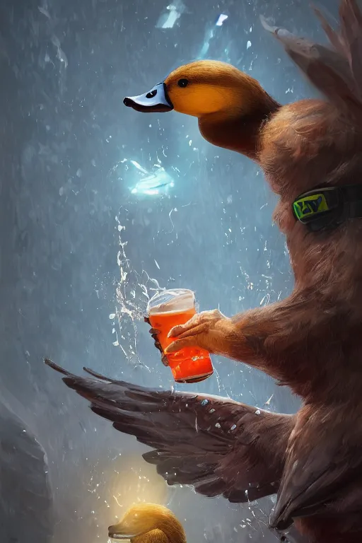 Image similar to duck drinks energy napiokmonstr energy, concept art, wlop, digital painting, trending on artstation, highly detailed, epic composition, official media, 8 k uhd