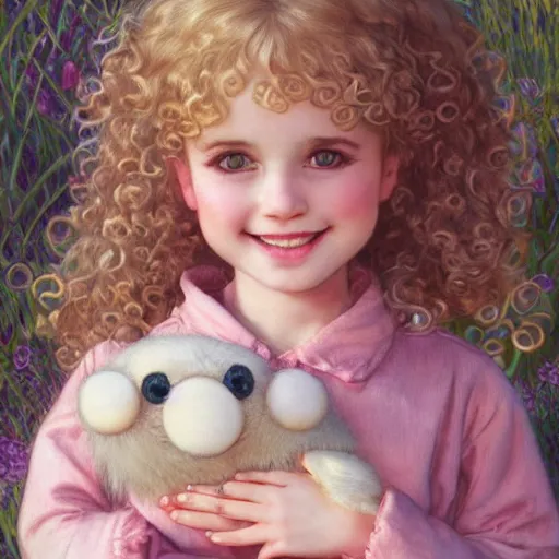 Prompt: a beautiful smiling little [[[[blonde toddler]]]] girl with short loosely curly hair, at the park on a beautiful day, holding a round all-pink stuffed penguin, by Artgerm, Mucha Klimt, Hiroshi Yoshida and Craig Mullins, featured on Artstation, CGSociety, Behance HD, Deviantart