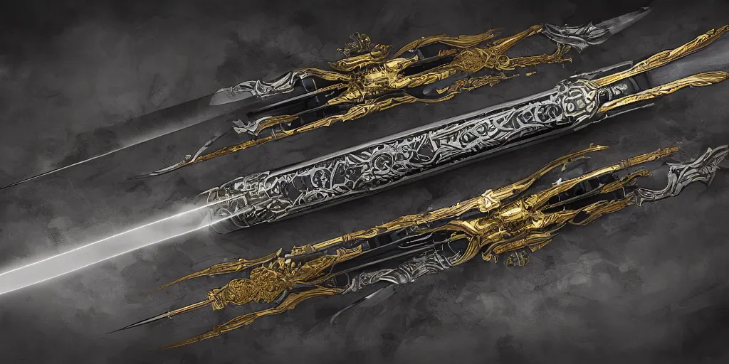 Image similar to legendary cybernetic full long sharp sword lying flat on a glowing table with a black and iridescent sword blade, digital award winning hd matte painting, intimate dark moody, intricate, ornate spikes, colorful gems on hilt, detailed realistic raytraced blade, future golden technological pommel, in the style of krenz cushart, deviantart
