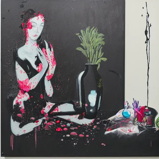 Image similar to empty room with black walls, sensual portrait of a woman, japanese vase, spilled flowers, puddle of water, octopus, squashed berries, neo - expressionism, surrealism, acrylic and spray paint and oilstick on canvas