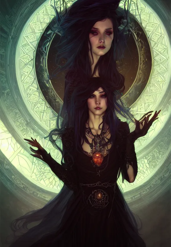 Image similar to Necromancer Sorceress in center, fantasy magic, undercut hairstyle, dark light night, intricate, elegant, sharp focus, illustration, highly detailed, digital painting, concept art, matte, art by WLOP and Artgerm and Greg Rutkowski and Alphonse Mucha, masterpiece