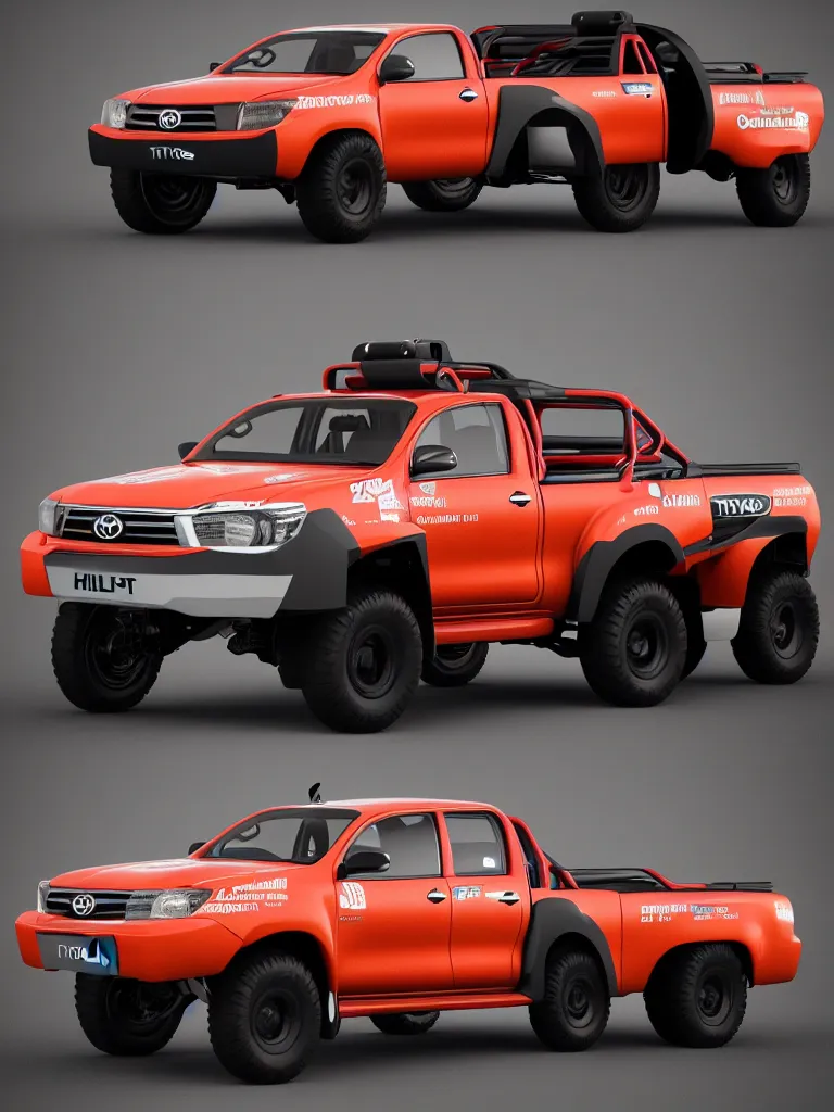 Prompt: i highly modified caricature toyota hilux, 3 d, trending on artstation, octane render, 8 k