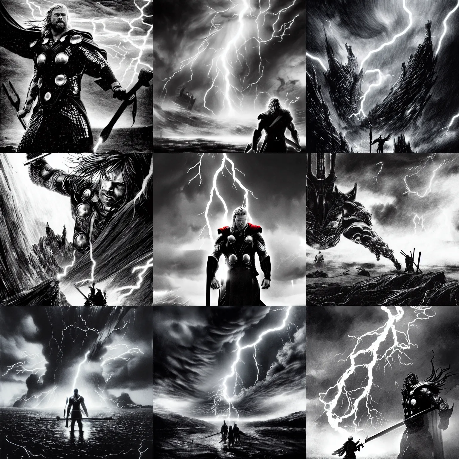 Prompt: thor catches lightning and holds an ax in an epic battle with storm clouds with faces monsters by tsutomu nihei, black and white, photorealism, cinematic