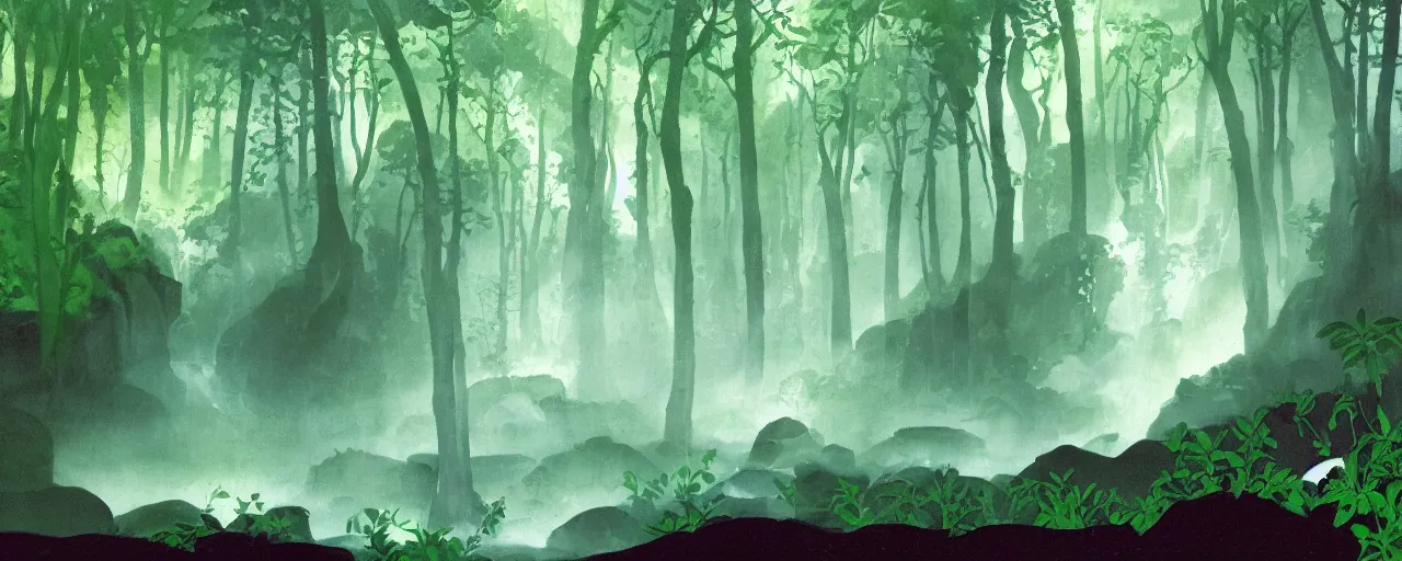 Prompt: deep forest, small rainbow river waterfall, light shimmering, water mists, big medium and small stones, wild flowers, subtle color variantions, summer rain, gentle mists, a white robed benevolent magician clothed in a royal garment in contemplation and meditation casts a benevolent white magic spell, by Eyvind Earle and Mary Blair
