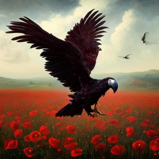 Image similar to a 3d matte painting of a feathered raven in a field of poppies by gerald brom, ellen jewett and aly fell, beautiful detail, dark academia, maroon highlights, gothic, neo-gothic, octane render, trending on artstation