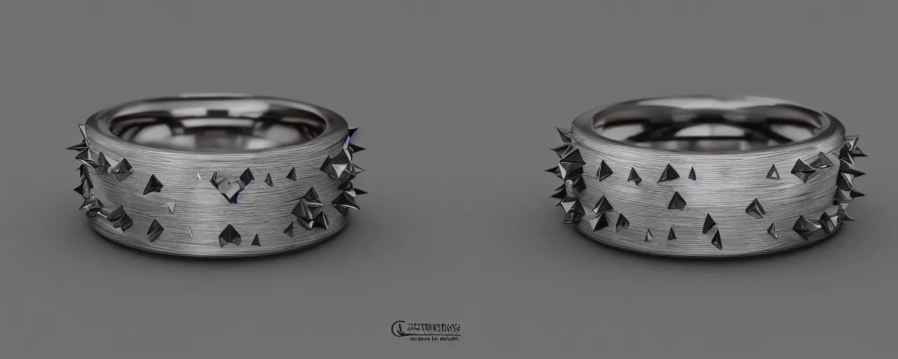 Image similar to tungsten ring with spikes, ring, steel, crystals, smooth shank, engravings, product design, jewelry, art by gerald brom, greg rutkowski and artgerm and james jean and zdzisław beksinski, 8 k, unreal engine, c 4 d