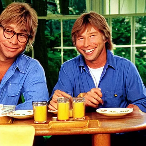 Prompt: john denver having breakfast with bob saget