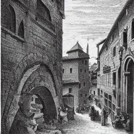 Image similar to medieval italian town, gustave dore lithography
