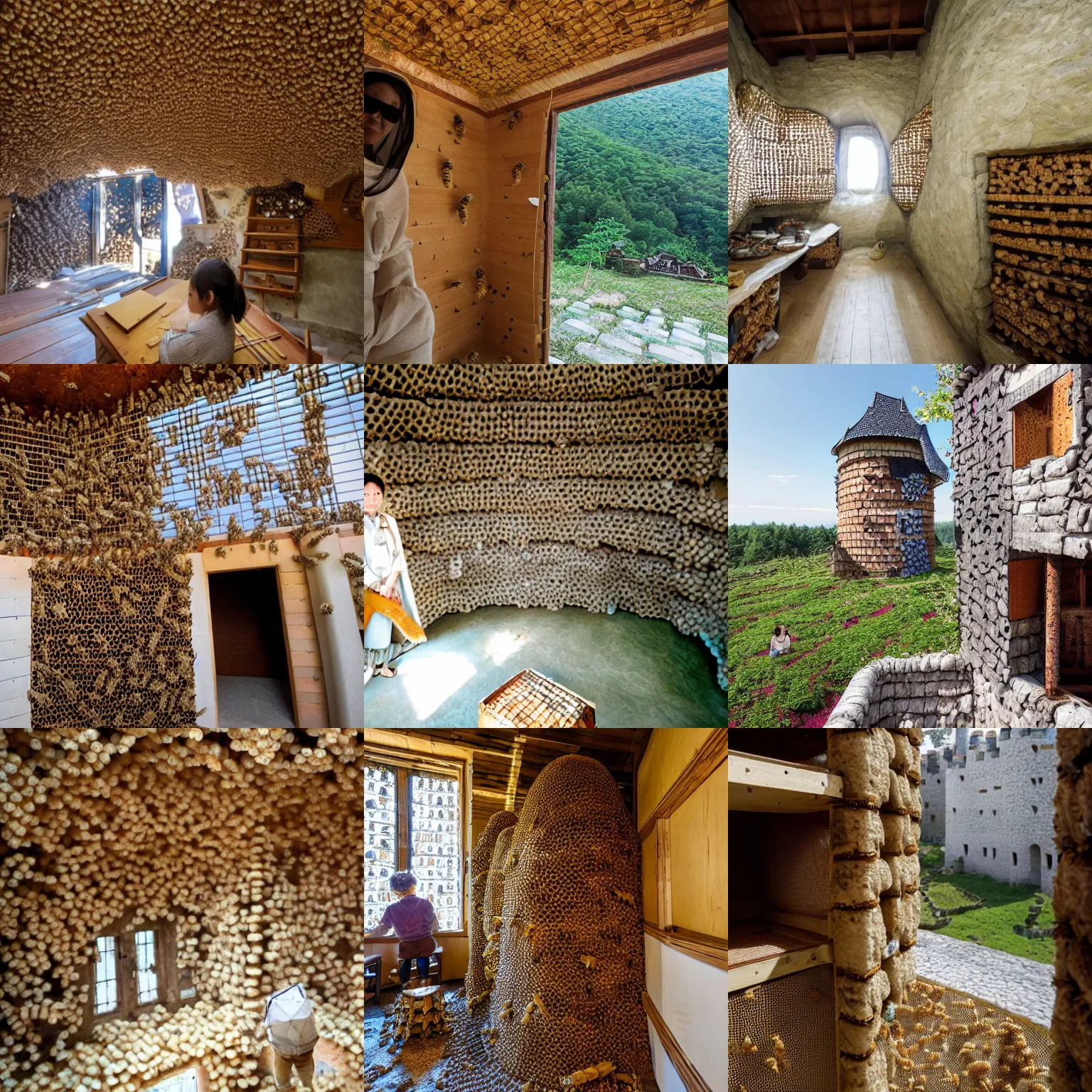 Prompt: inside a beehive castle inhabited by bees, presided over by a queen bee, hayao myiazaki