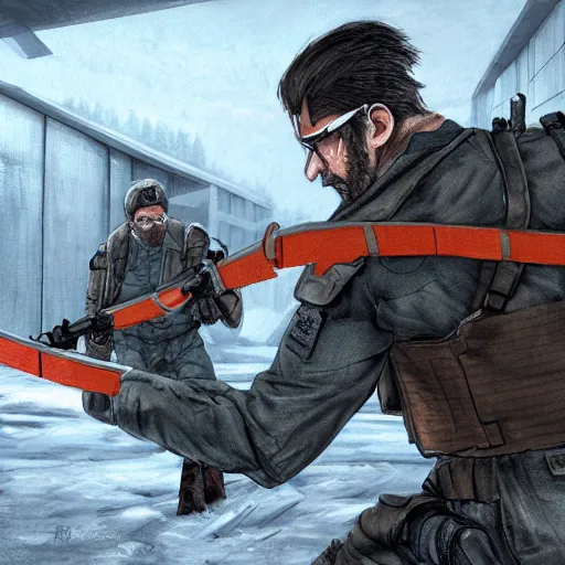 Image similar to Solid Snake and Gordon Freeman fight on an abandoned military base, winter, very detailed, hyper realism, epic, close-up fight, digital art, concept art, illustration, artstation, cgi, 4k