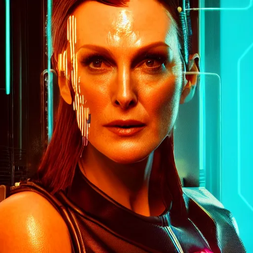 Prompt: julianne moore portrait, cyberpunk 2 0 7 7, cyberpunk judy alvarez, photorealistic, ultra detailed, neon, octane, bokeh, cinematic lighting, cyber, cyberpunk city, studio quality, feature, scars, cyberface, 8 k