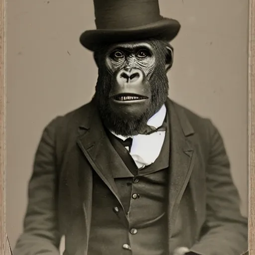 Prompt: 1800s photo of a gorilla wearing a suit and bowler hat