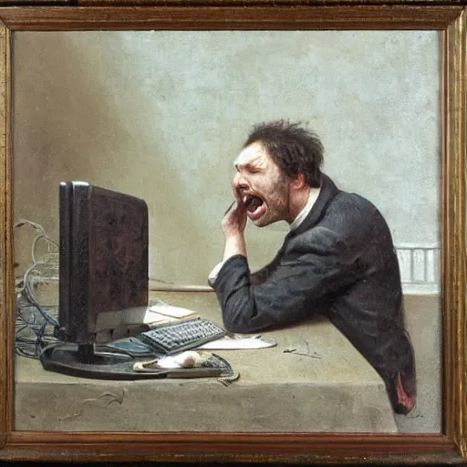 Image similar to an angry man yells at his computer monitor, oil on canvas, 1 8 8 3, highly detailed