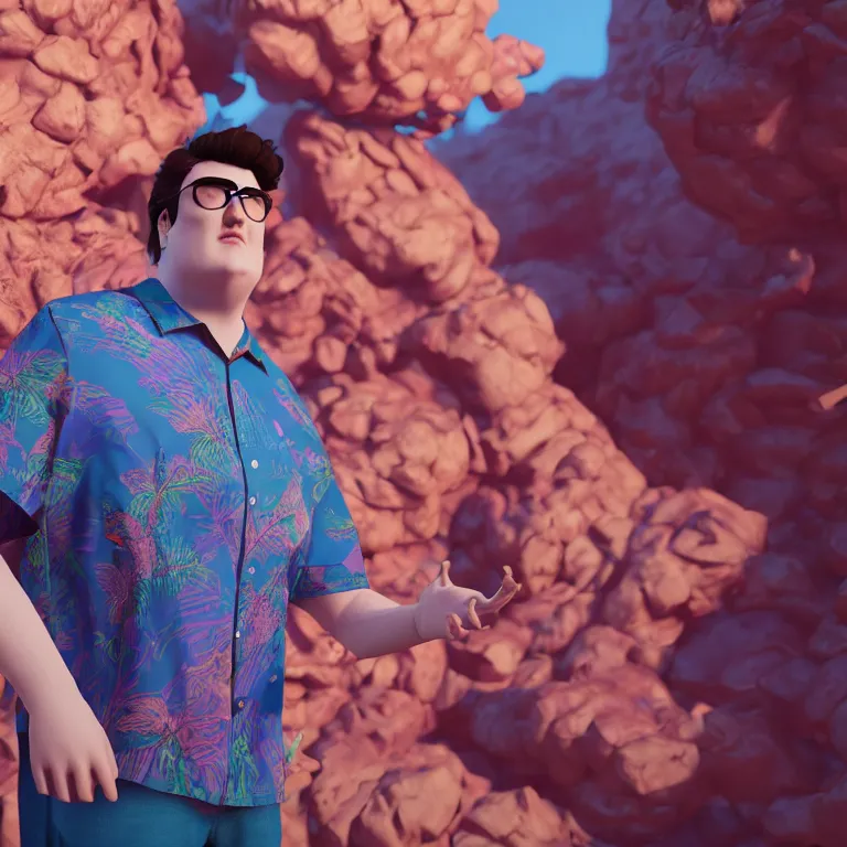 Image similar to a cinematic shot of palmer luckey, aloha shirt, colorful, octane render, volumetric lighting, nvidia raytracing demo, by Andy Thomas, Mario Martinez, Daniel Mirante, Gustave Dore, Artstation, CGsociety, masterpiece