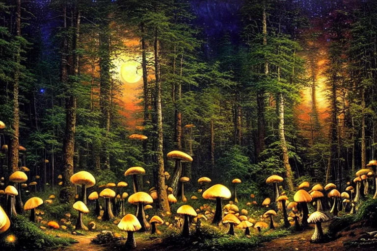 Prompt: moon night; Forest of glowing giant mushrooms By Ivan Shishkin, Thomas Kinkade