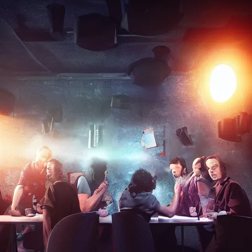 Image similar to pub quiz at the end of the universe, dramatic lighting, action, octane render, hyperrealistic