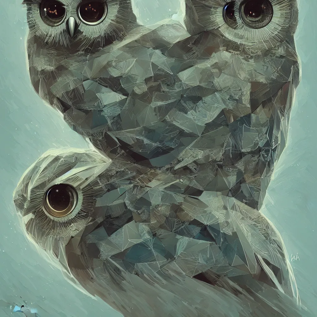 Image similar to portrait of a geometric owl, identical eyes, medium shot, illustration, full body made of white feathers, symmetrical, art stand, super detailed, cinematic lighting, and its detailed and intricate, gorgeous, by peter mohrbacher