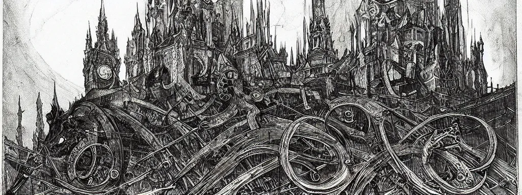 Image similar to the alchemical art of etching by master anders zorn. a lovecraftian horror destroying a city. ink highly detailed lines