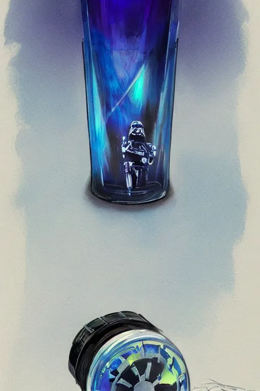 Image similar to concept art of a rolex - star wars blue magenta iridescent liquid dietary supplement in a transparent bottle with big black sticker on it by aenaluck, artgerm and roberto ferri and greg rutkowski, blue and white tones, digital painting, artstation, concept art, smooth, sharp foccus ilustration hq