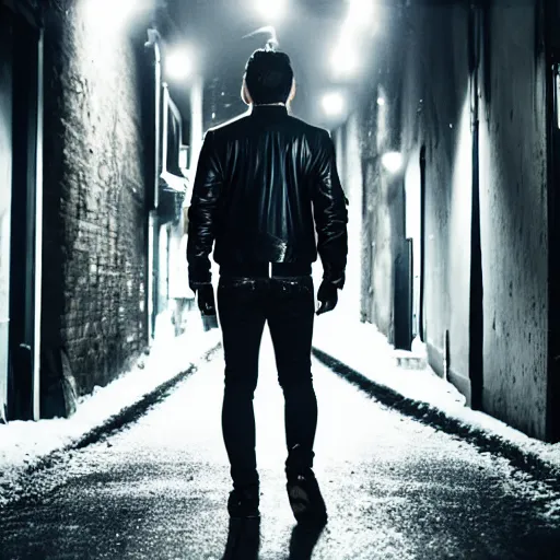 Image similar to shot of young man from back pacing lowering head dressed in short leather bomber jacket to empty narrow alley with street lamps in park with pines to the horizon,, with hands in pockets, snowfall at night, mullet long haircut, black hairs, cinematic, dramatic, detailed, realistic, movie shot, low lighting