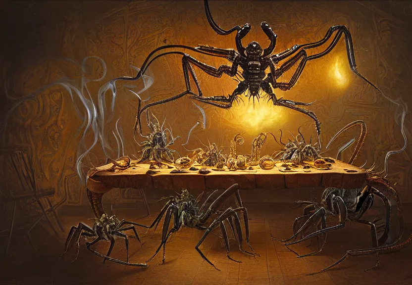 Prompt: an opulent banquet of food on a table covered with colorful jumping spiders and hissing cockroaches and hermit crabs. magical glowing smoke drifts through the room. iridescent giger ’ s xenomorph. the thing. reclaimed lumber, detailed and intricate environment, hyperrealism, food photography, rembrandt