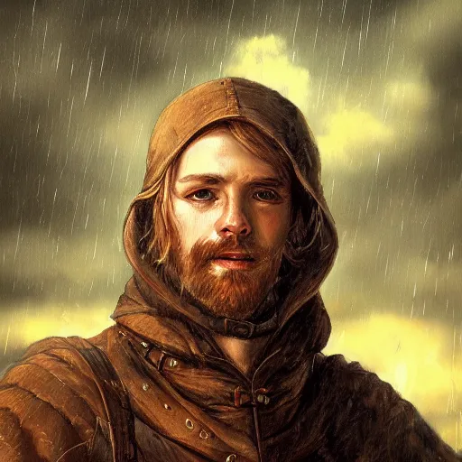 Prompt: portrait of an adventurer, illustration by michael wellen, john stephens, in a medieval city, tone mapping, stormy weather, sleet, trending on artstation