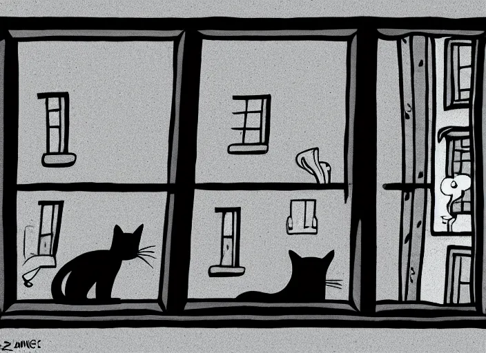 Prompt: a grey cat snoozing in the window, day of the tentacle style