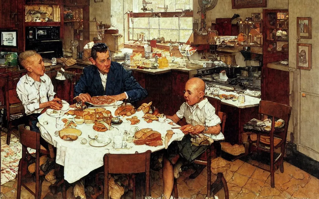 Image similar to benjamin netayahu eating breakfast in his kitchen, newspapers on the table and counter, by norman rockwell