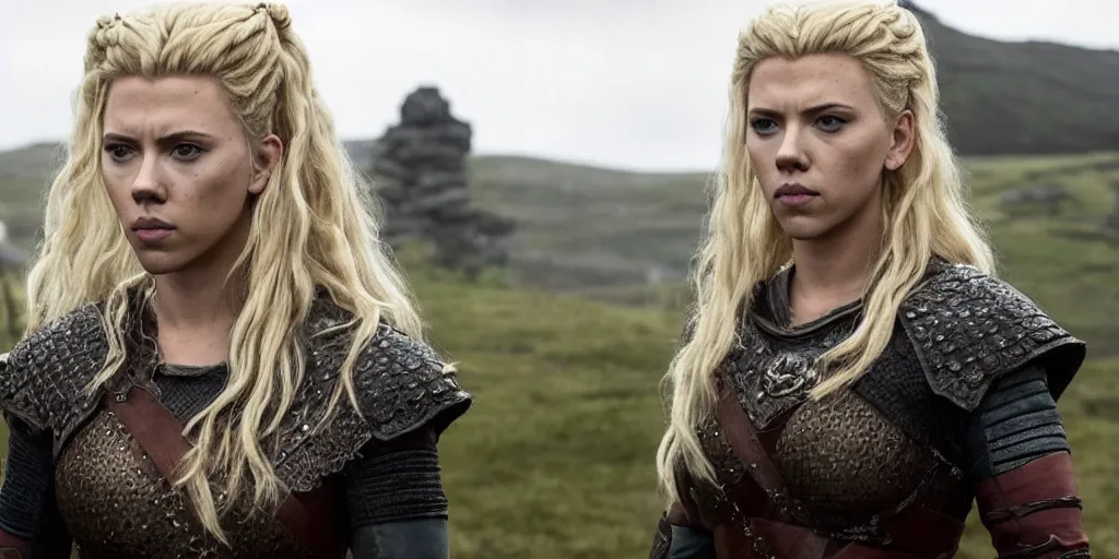 Image similar to Scarlett Johansson playing Lagertha, with a scar and white hair, in the TV series Vikings