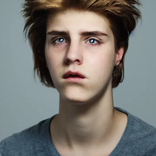 Image similar to portrait of depressed teen, helmet hair, ugly, male