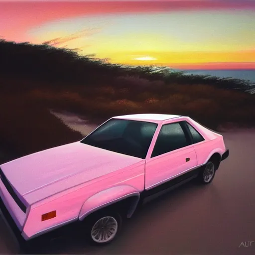 Image similar to an old white 1 9 8 0 s car parked off the road, sunset, ocean in distance, pink, oil painting, pale colors, high detail, 8 k, wide angle, trending on artstation,