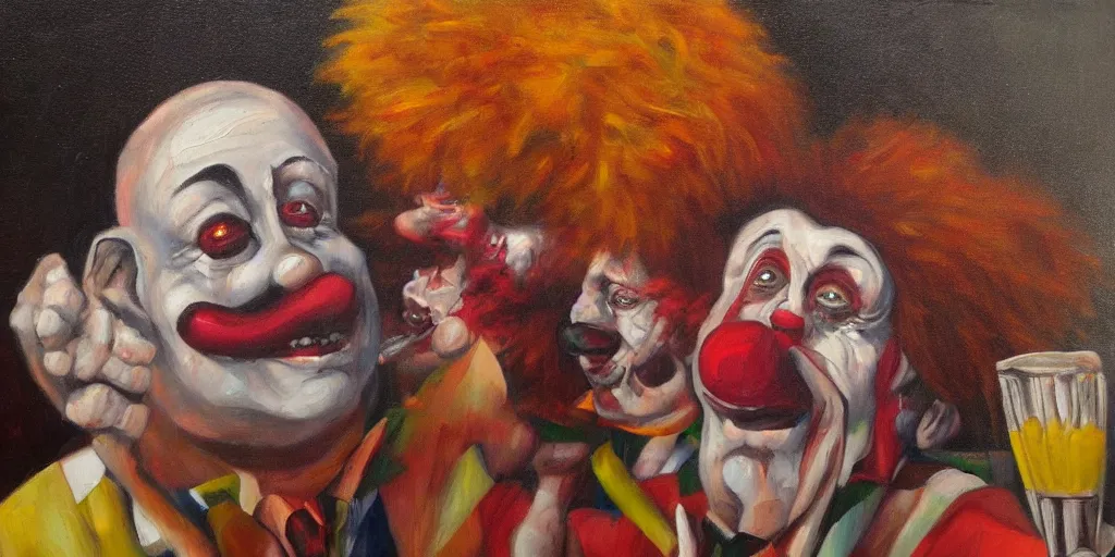 Prompt: sad drunken clown, crowded bar, asymmetric!!!, oil paint, intricate