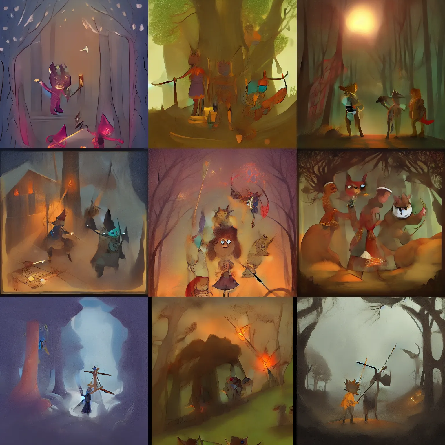Prompt: a fantasy scene with a mage, a warrior and an archer in the style of a night in the woods