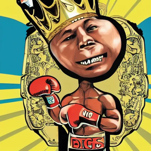 Prompt: Sideview Portrait of professional boxer with a pig head wearing boxing gloves with a gold crown on it's head Shepard Fairey