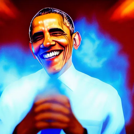 Prompt: Obama has a blue fire engulfing above his hand, Obama is smiling towards the viewer, 40nm lens, 4k,